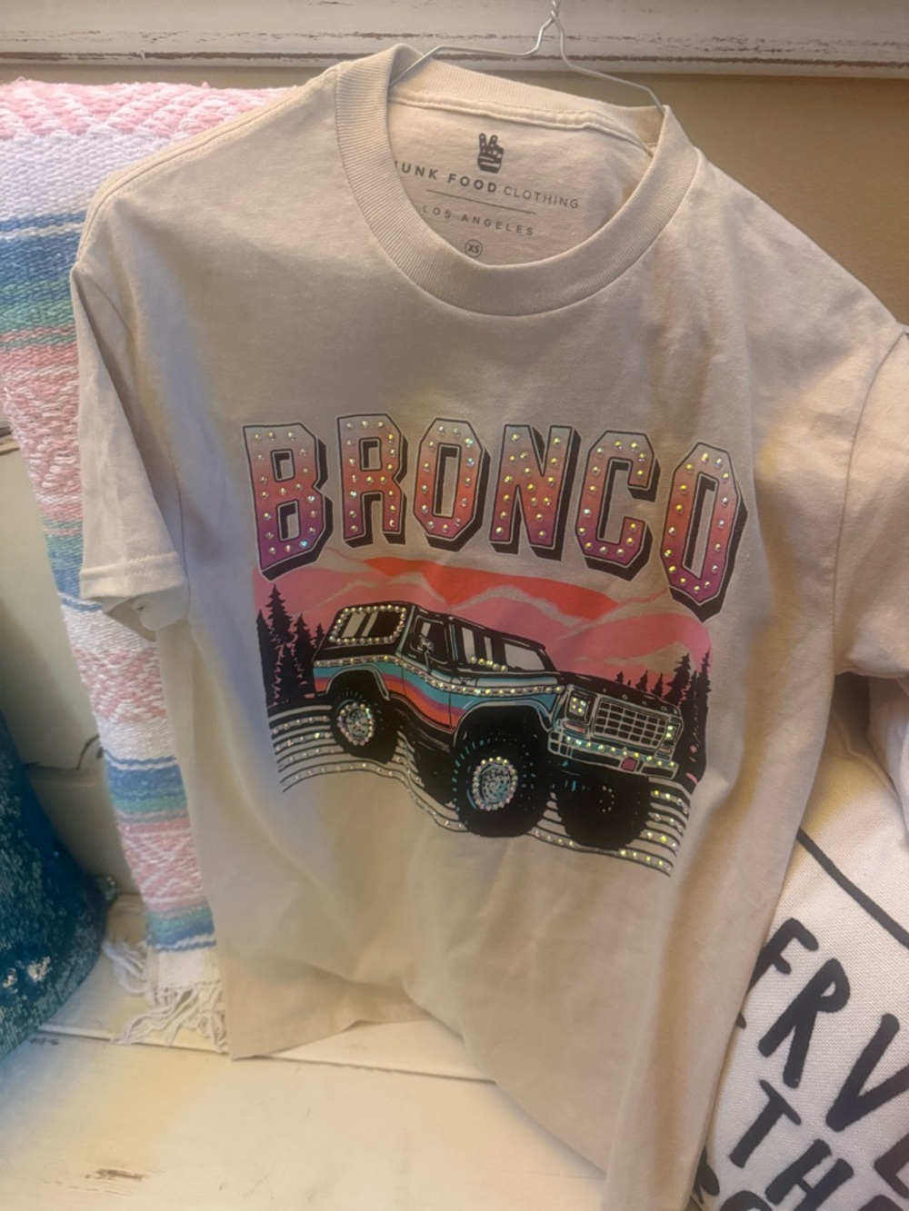 Ford Bronco Custom bling  Cream Tee with Pink and Blue Bronco Graphic